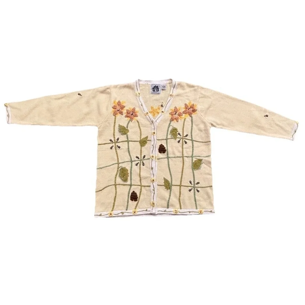 Storybook Knits Buzzin For Sun Button Spring Cardigan Sweater Women's Large - Picture 2 of 9